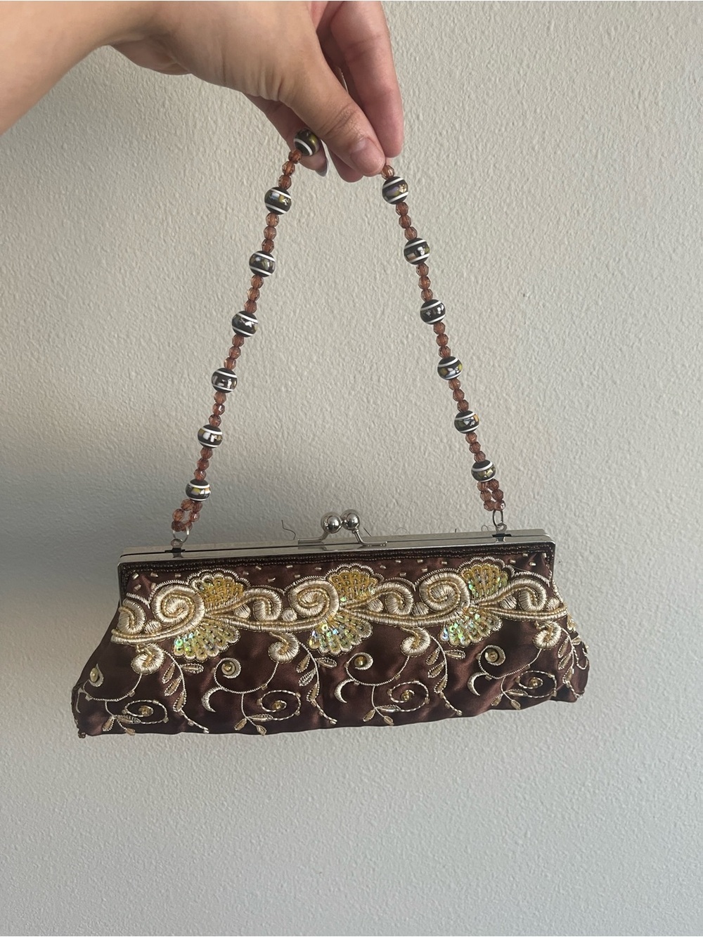 Brown Embellished Beaded Handle Clutch